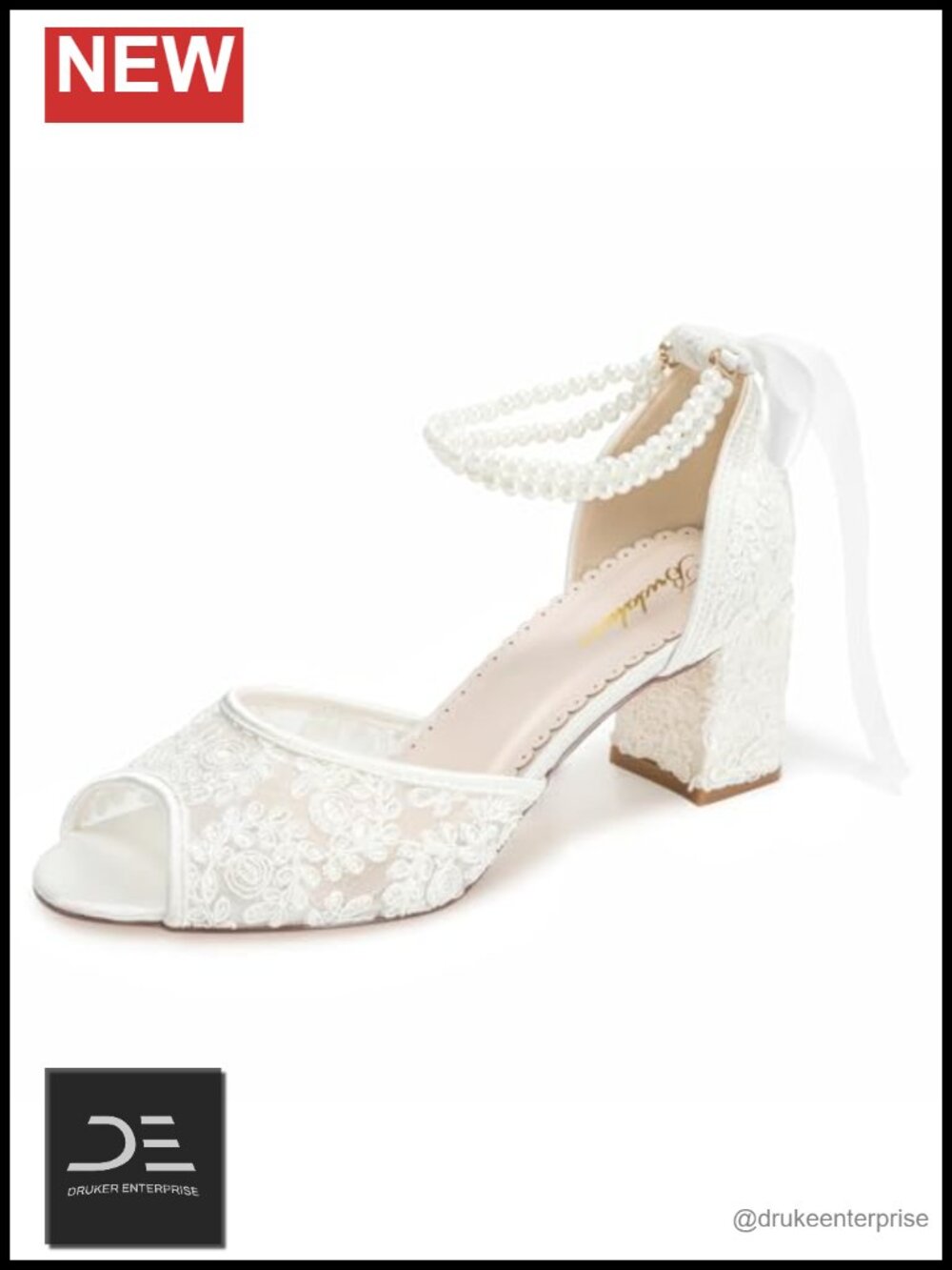 Women's Peep Toe Block Heel Wedding Shoes Lace Pearl Ankle Strap Bridal Heels